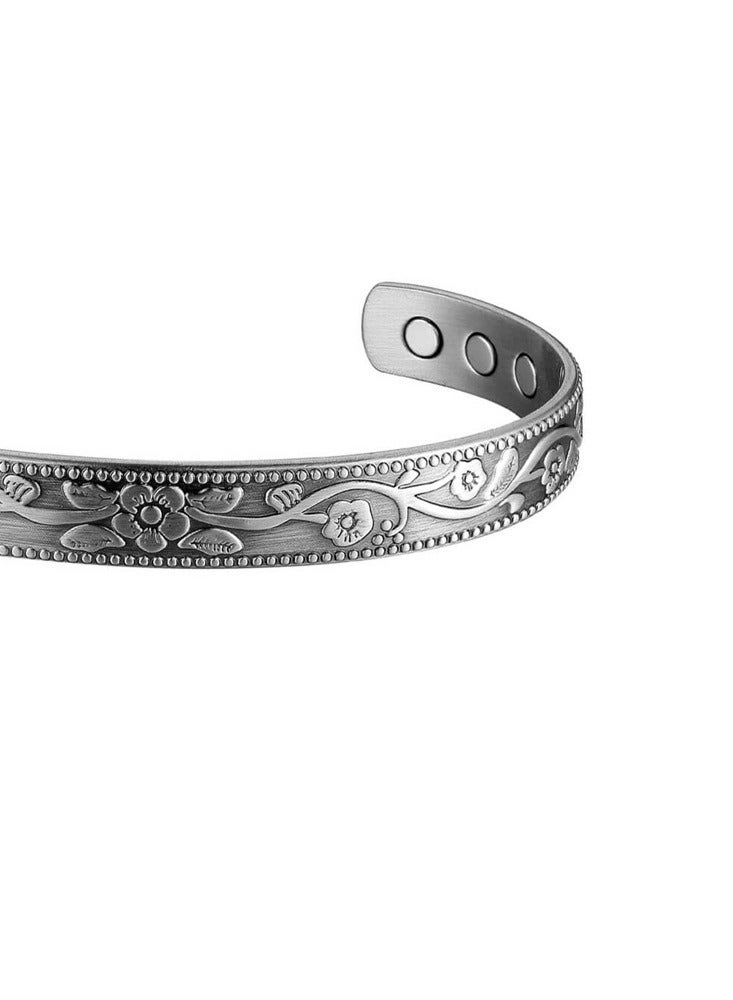 Vintage Floral Carved Magnetic Copper Bangle | Adjustable Antique Silver Plated Bracelet  - Image 5