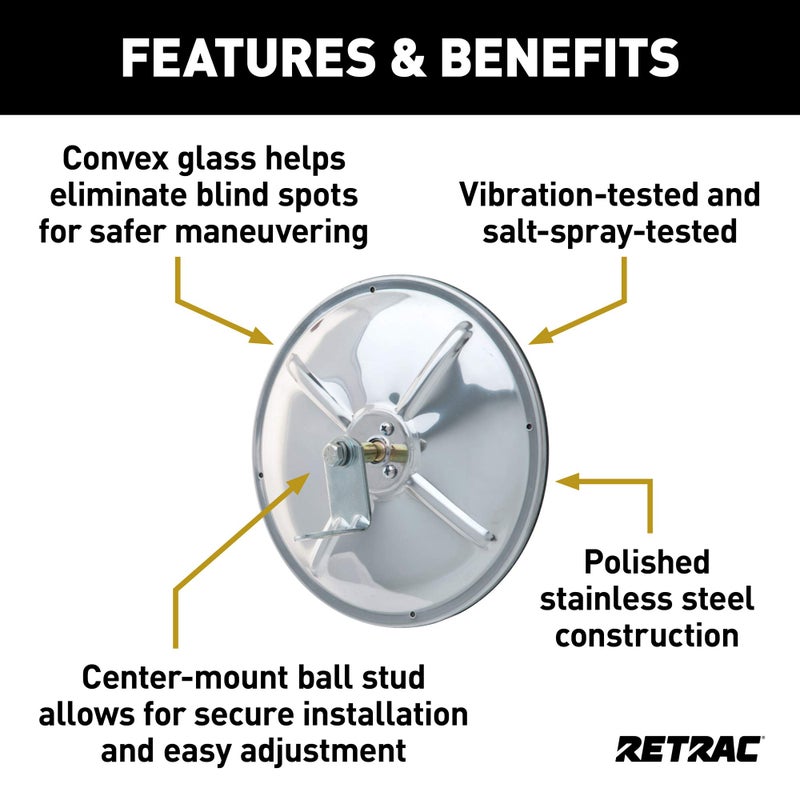 RETRAC 610673 8-Inch Stainless Steel Center-Mount Convex Mirror Head with J-Bracket, Universal Driver or Passenger Side - Image 4