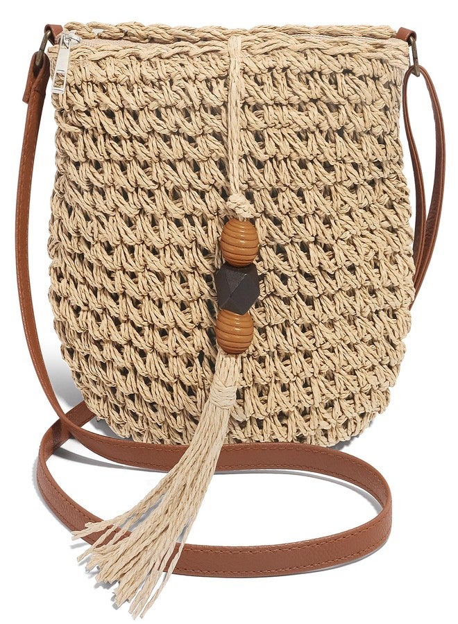 NEWROGENG Handwoven Straw Bag for Women Vacation, Boho Beach Purse for Summer Wicker Crossbody Purse with Tassels Rattan Woven Bag, Beige - Image 1