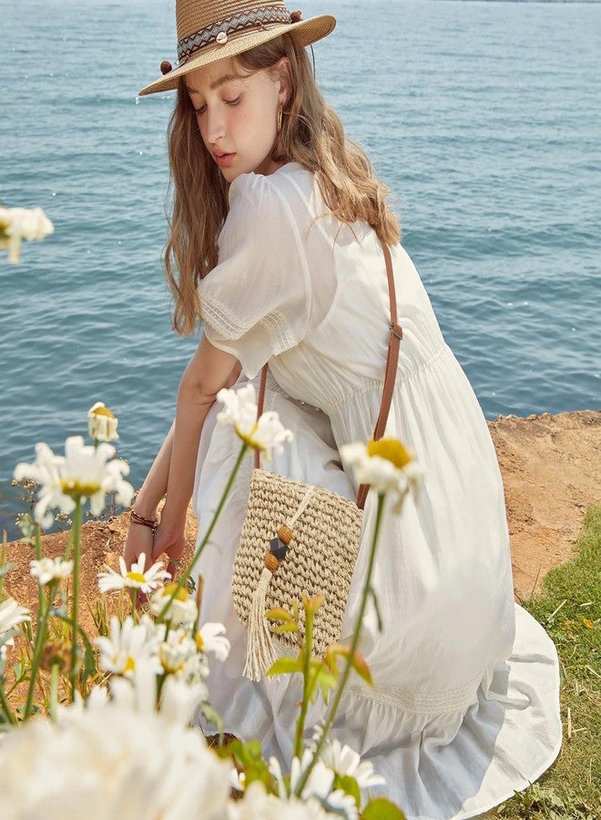 NEWROGENG Handwoven Straw Bag for Women Vacation, Boho Beach Purse for Summer Wicker Crossbody Purse with Tassels Rattan Woven Bag, Beige - Image 4