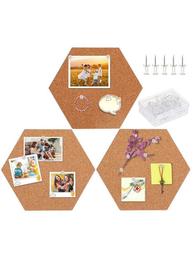 FEBSNOW 3 Pack Self-Adhesive Cork Board Tiles Hexagonal Cork Board Mini Wall Bulletin Board With 50 Multi-Color Push Pins - Image 1