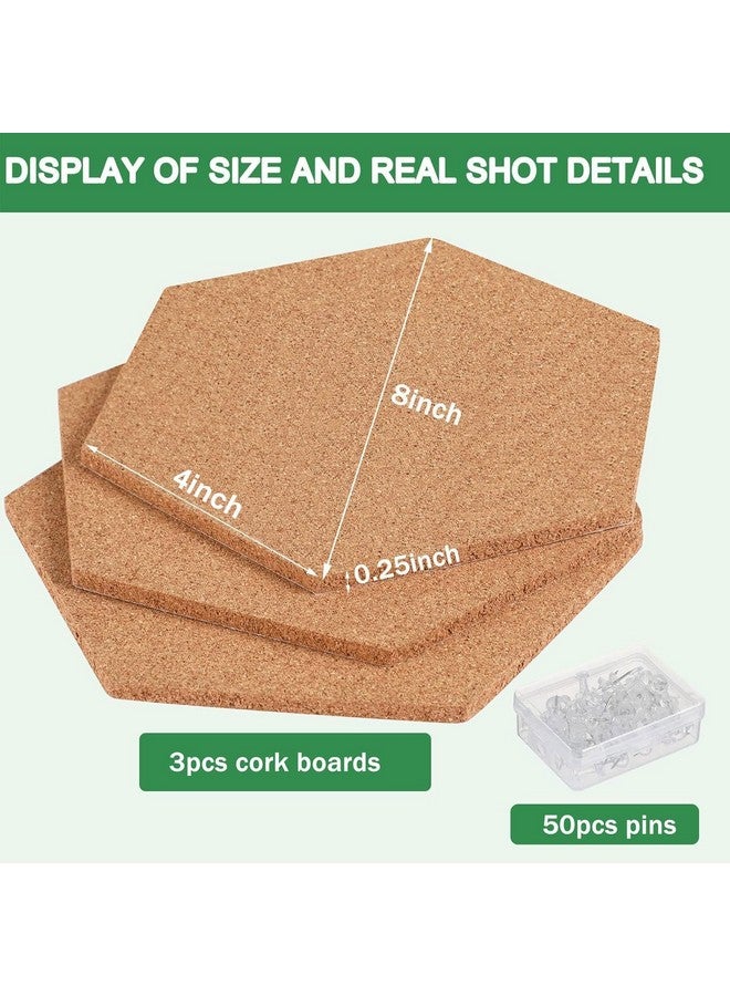 FEBSNOW 3 Pack Self-Adhesive Cork Board Tiles Hexagonal Cork Board Mini Wall Bulletin Board With 50 Multi-Color Push Pins - Image 2
