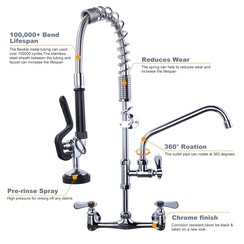 iVIGA Commercial Kitchen Faucet Wall Mount with Pre-Rinse Sprayer 8 Inch Center Wall Mount Kitchen Sink Faucet with 9.6" Add-on Swing Spout 25" Height Faucet with Pull Down Spray - Image 5