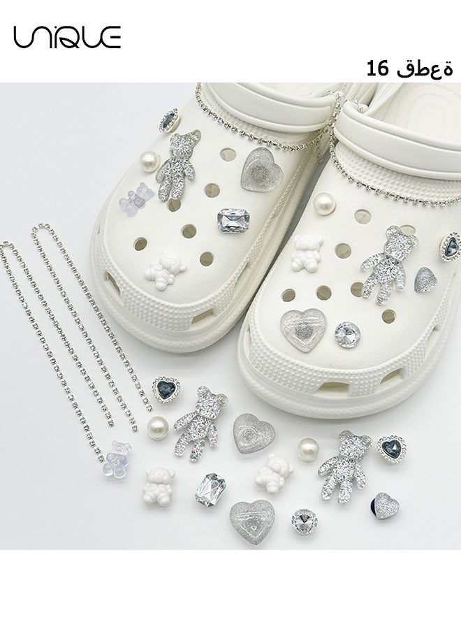 Unique 16Pcs Sparkling Shoe Ornament - Shoe Flower with Diamond Peach Heart - Bear Shoe Flower - Pearl Shoe Flower - Chain Decoration - Gifts  - Image 1
