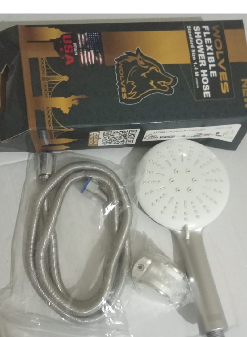 A silver shower head with a silver shower hose one and a half meters long with a silver hook for water flow in different modes