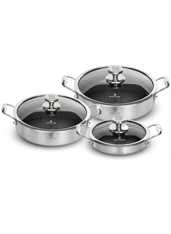 Bidstone 6‑Piece Stainless Steel Shallow Pot Set | 28/24/20 cm Non‑Stick Honeycomb Design with Glass Lids | Heavy‑Duty, Anti‑Scorching, Essential Cookware for Home Kitchen - Image 1