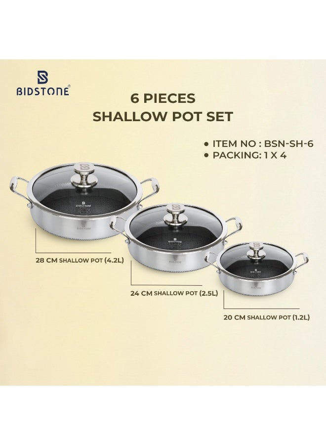Bidstone 6‑Piece Stainless Steel Shallow Pot Set | 28/24/20 cm Non‑Stick Honeycomb Design with Glass Lids | Heavy‑Duty, Anti‑Scorching, Essential Cookware for Home Kitchen - Image 2