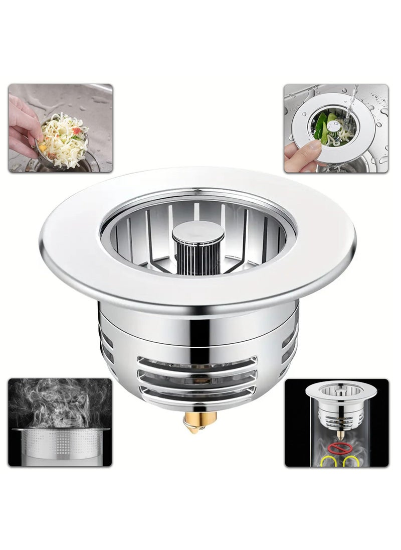 Excefore Upgraded 3-in-1 Kitchen Sink Strainer And Stopper, 304 Stainless Steel Pop-Up Sink Stopper with Fast Drainage, Anti-Clogging Basket Filter, Odor & Insect Blocking for US Standard 3-1/2 Inch Drain  - Image 1