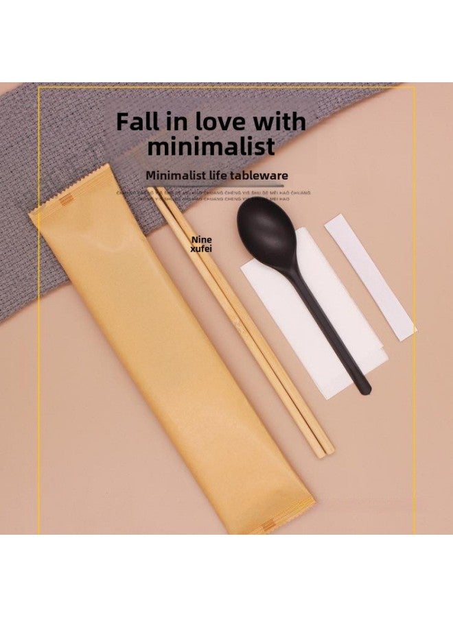 Xufei Disposable Chopsticks Four-piece Tableware Suit Take-out Fast Food Commercial Chopsticks Blank Solid Color Kraft Paper Bamboo-Color:100 Sets Of Chopsticks, Wet Wipes And Toothpicks Three-piece Set, Thickened Yellow Cowhide - Image 1