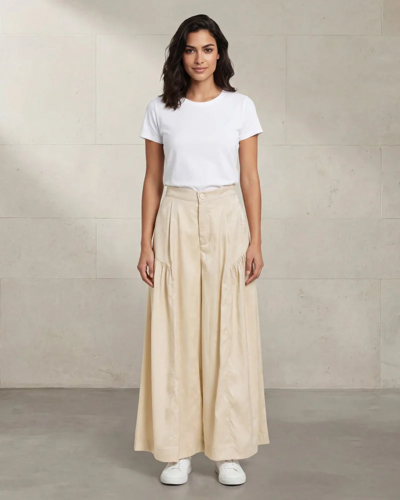 REDTAG Women Beige Solid Wide Leg Trousers