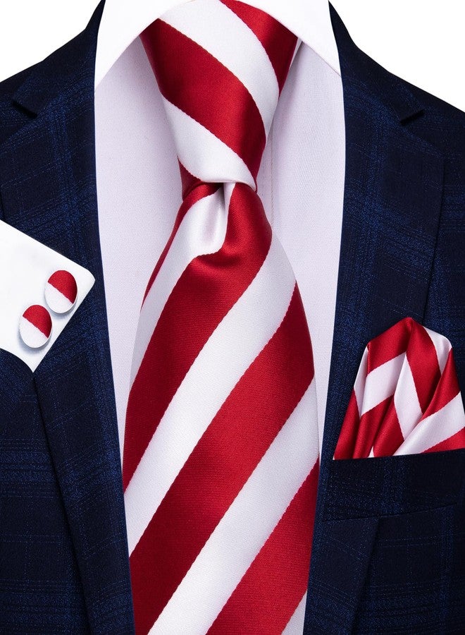 مرحبا التعادل طقم ربطات عنق رجالية من هاي تاي، ربطة عنق حريرية، منديل جيب، أزرار أكمام، مناسب لحفلات الأعياد والمناسبات الرسمية، مخطط باللونين الأبيض والأحمر. - Image 4