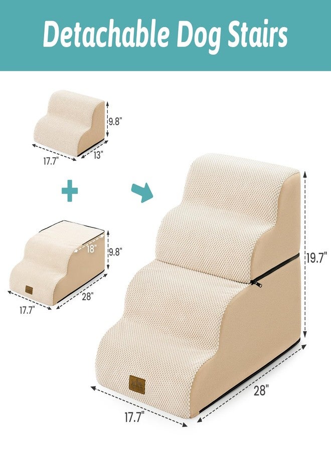 COZY KISS Wide Dog Stairs for Small Dogs 19.7" H, Detached Dog Step for Puppy or Older Cat, Ramp for Bed, Sofa, Couch or Chair, Ladder with High Density Foam, 17.7x28.3x19.7 inch, 4 Step, Beige - Image 2