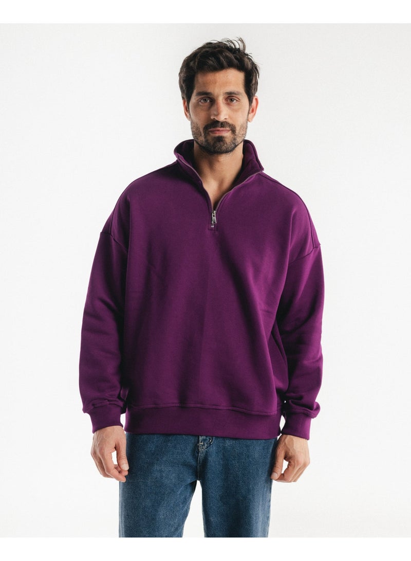 Feathers Men’s Quarter Zipper Sweatshirt 100% Cotton for Winter with Long Sleeves - Image 1
