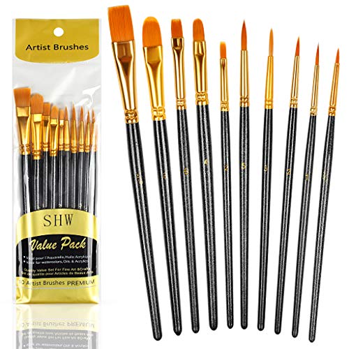 10PCS Paint Brushes Set Nylon Hair Brush for Acrylic Painting Oil Painting Watercolor Painting Gouache Painting Face Painting Black