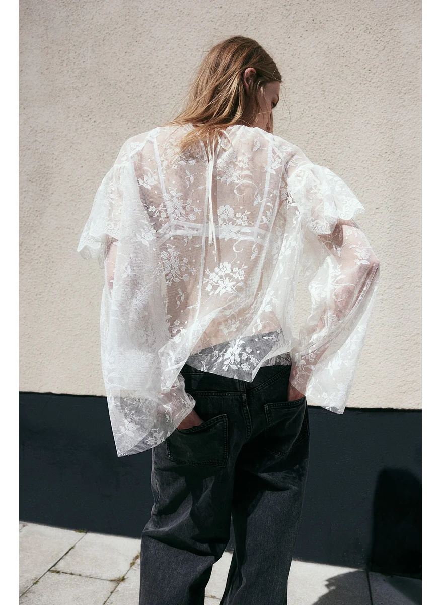 H&M Flounce-Trimmed Lace Blouse