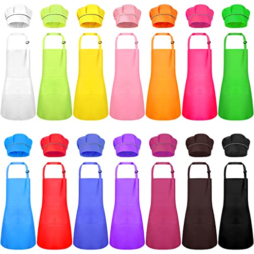 Handepo 28 Pcs Kid Apron and Chef Hat Set Adjustable Bib Apron with Pockets for Kids Cooking Baking Painting CraftingMulticolor - Image 1