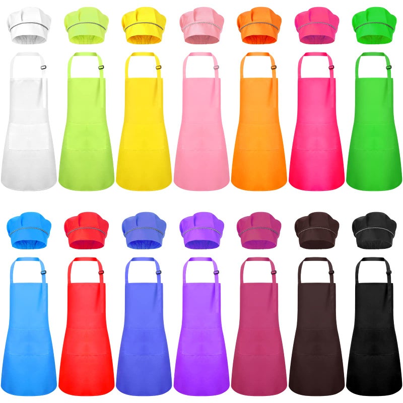 Handepo 28 Pcs Kid Apron and Chef Hat Set Adjustable Bib Apron with Pockets for Kids Cooking Baking Painting CraftingMulticolor - Image 2