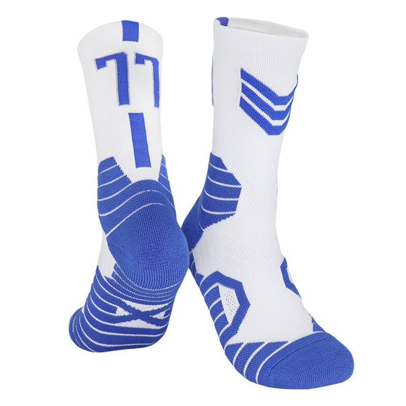 Generic Factory digital professional basketball socks mens thick tube socks childrens socks non-slip high towel bottom sports socks Mavericks-White and Blue 77
