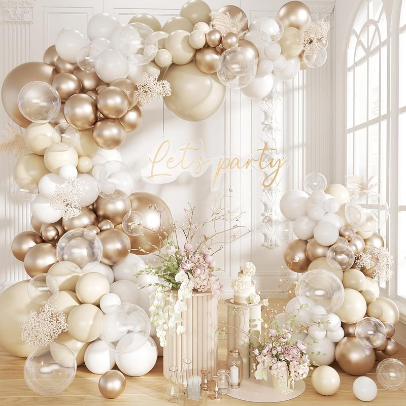 MANGO 152 PCS White Sand Metallic Gold Balloon Garland Arch Kit Nude White and Clear Balloons for Boho Wedding Birthday Baby Shower Bridal Shower Engagement and Anniversary Decorations - Image 1