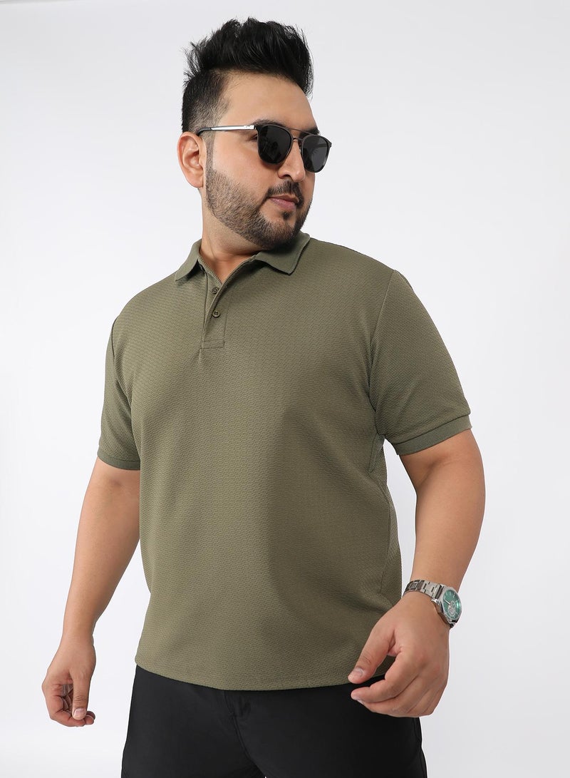 Instafab Plus Men's Olive Green Distort Jacquard-Knit Polo T-Shirt - Image 1