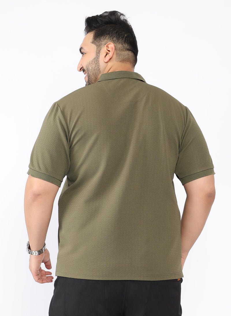 Instafab Plus Men's Olive Green Distort Jacquard-Knit Polo T-Shirt - Image 5