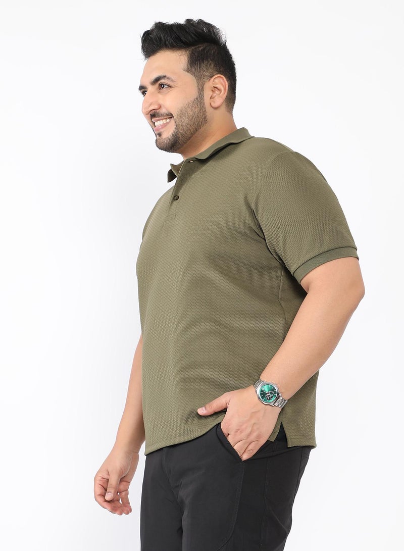 Instafab Plus Men's Olive Green Distort Jacquard-Knit Polo T-Shirt - Image 3