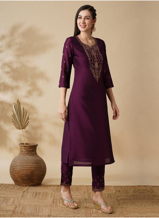 Globus Women Purple Zari Embroidered Yoke Straight Calf Length Kurta & Trouser Set - pzsku/Z05D917363CA6383ED9A3Z/45/_/1740487927/63606fe0-ba45-4017-b882-e3683d2143e7