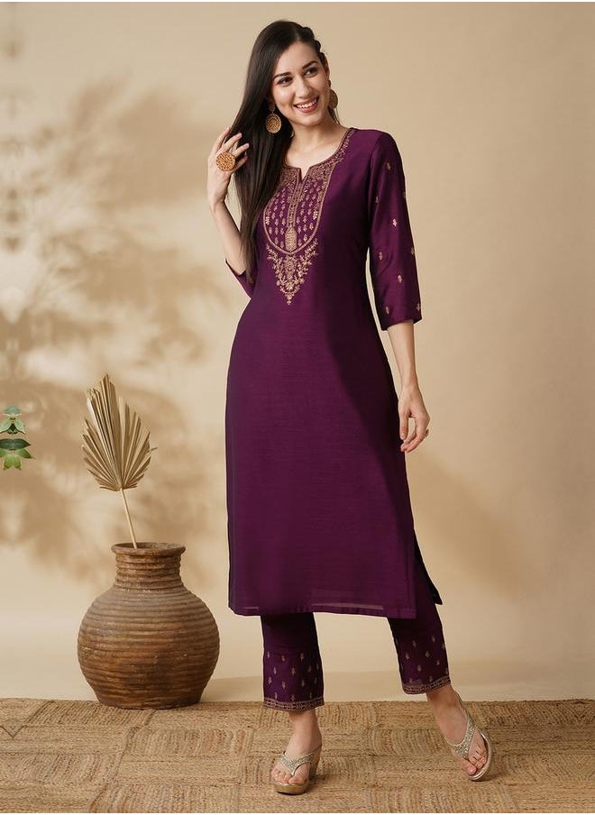 Globus Women Purple Zari Embroidered Yoke Straight Calf Length Kurta & Trouser Set - pzsku/Z05D917363CA6383ED9A3Z/45/_/1740487929/b4d0bd24-e64c-4154-9dc2-d42e10fe855a