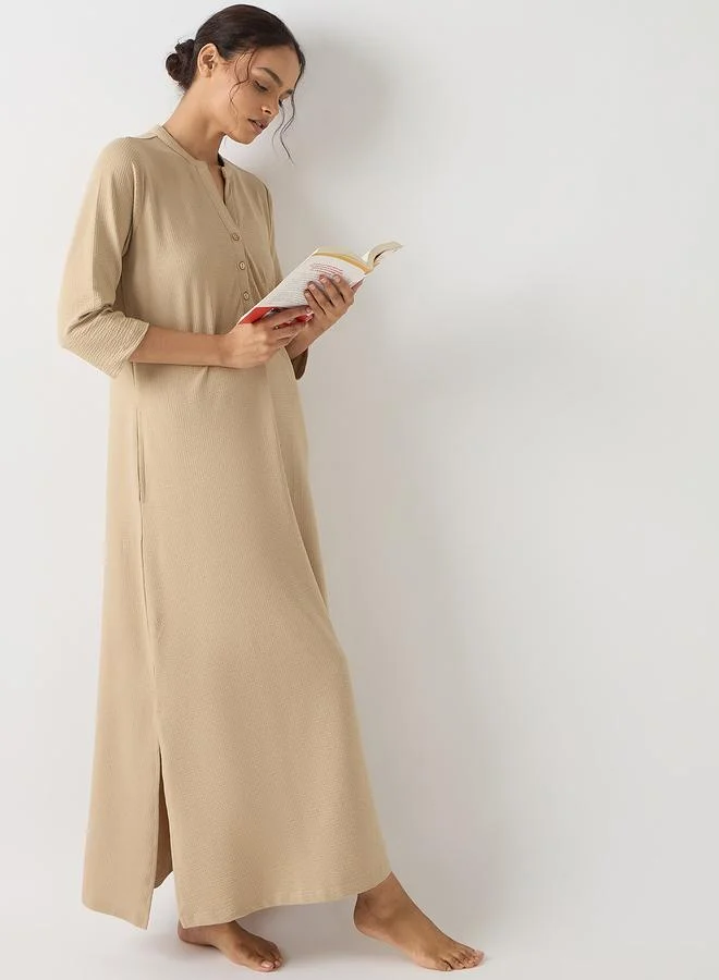 Femmella  Beige Cotton Knit Maxi Dress with 3/4 Sleeves for Women | Best Price UAE