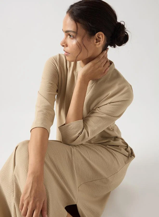 Femmella  Beige Cotton Knit Maxi Dress with 3/4 Sleeves for Women | Best Price UAE