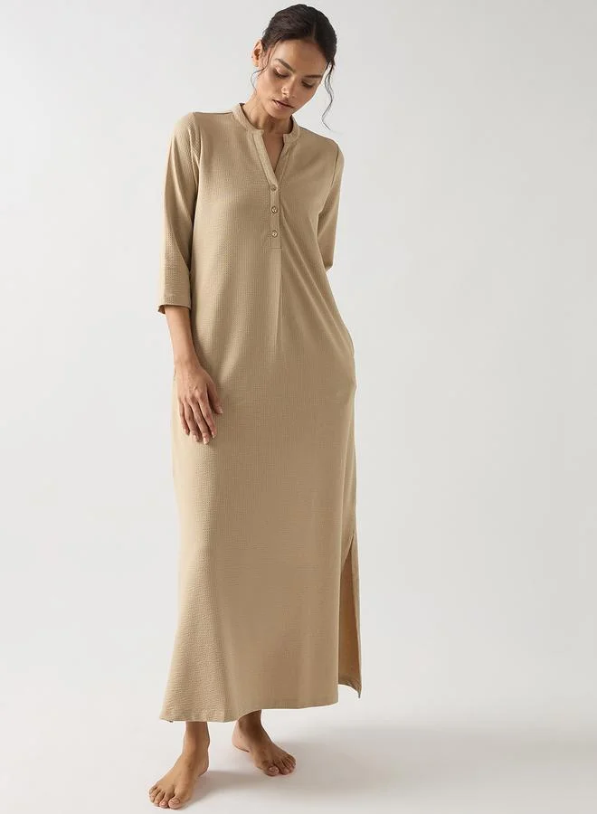 Beige Cotton Knit Maxi Dress with 3/4 Sleeves