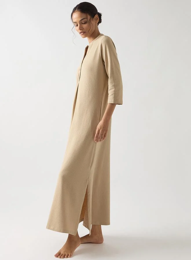 Femmella Beige Cotton Knit Maxi Dress with 3/4 Sleeves