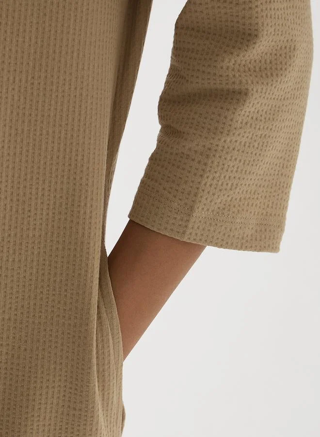 Femmella  Beige Cotton Knit Maxi Dress with 3/4 Sleeves for Women | Best Price UAE