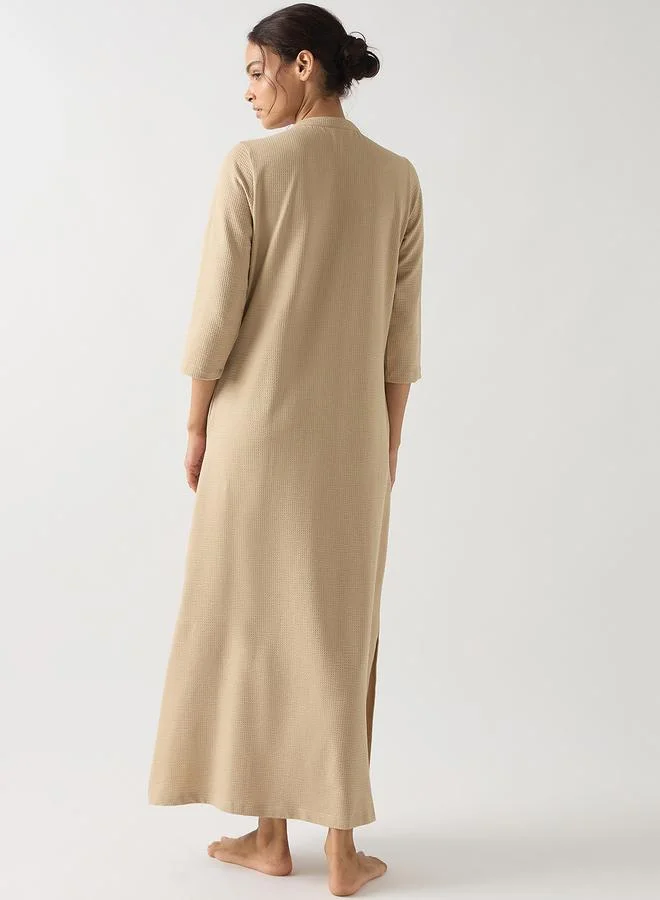 Femmella  Beige Cotton Knit Maxi Dress with 3/4 Sleeves for Women | Best Price UAE