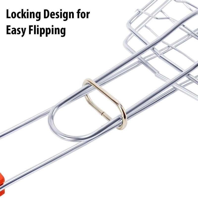 tgopit 1pcs Steel Portable Barbecue Fish BBQ Grill Net Basket Roast Plated Grilling Tray with Wooden Handle and Clip Suitable for Grilling Fish Meat or VeggiesSilver - Image 3