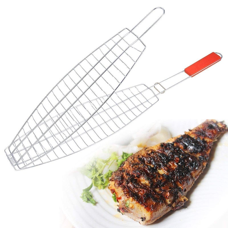 tgopit 1pcs Steel Portable Barbecue Fish BBQ Grill Net Basket Roast Plated Grilling Tray with Wooden Handle and Clip Suitable for Grilling Fish Meat or VeggiesSilver - Image 1