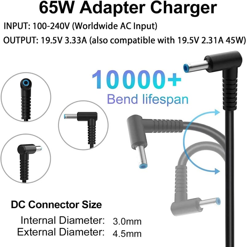 Eworld 65W 19.5V 3.33A AC HP Laptop Charger – Replacement Adapter 710412-001, 709985-002, PA-1650-30HE – 4.5mm Blue Tip Compatible with HP 250 255 G2 G3 G4 G5, Pavilion 15 Series, EliteBook & Chromebook 14 - Image 3