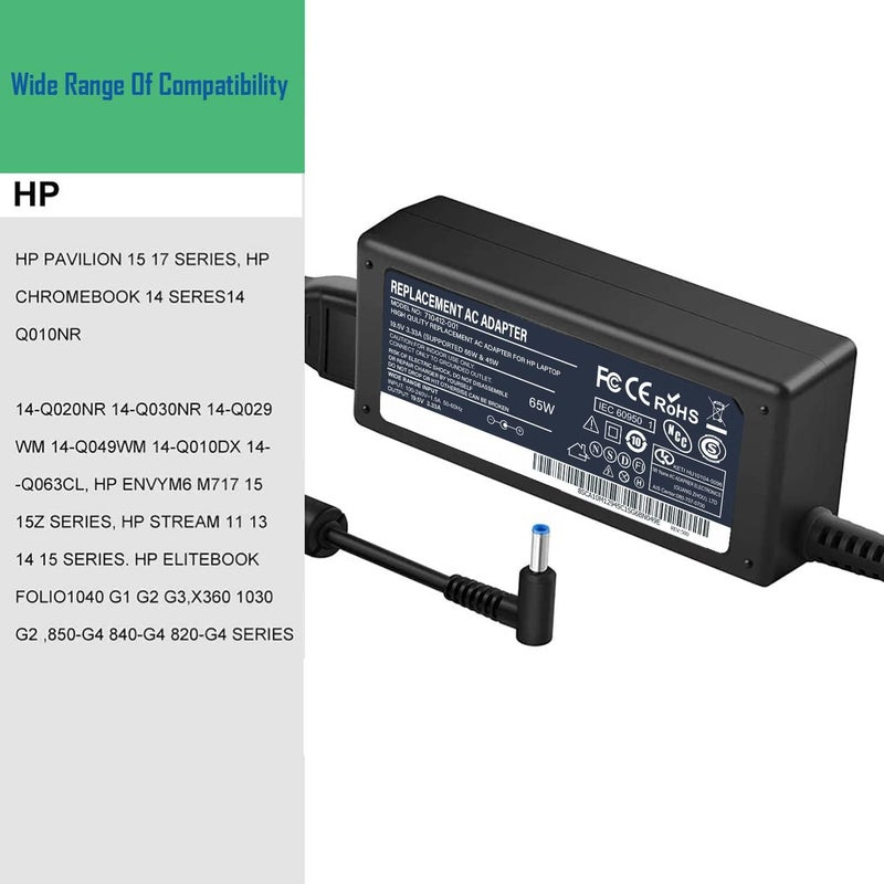 Eworld 65W 19.5V 3.33A AC HP Laptop Charger – Replacement Adapter 710412-001, 709985-002, PA-1650-30HE – 4.5mm Blue Tip Compatible with HP 250 255 G2 G3 G4 G5, Pavilion 15 Series, EliteBook & Chromebook 14 - Image 2