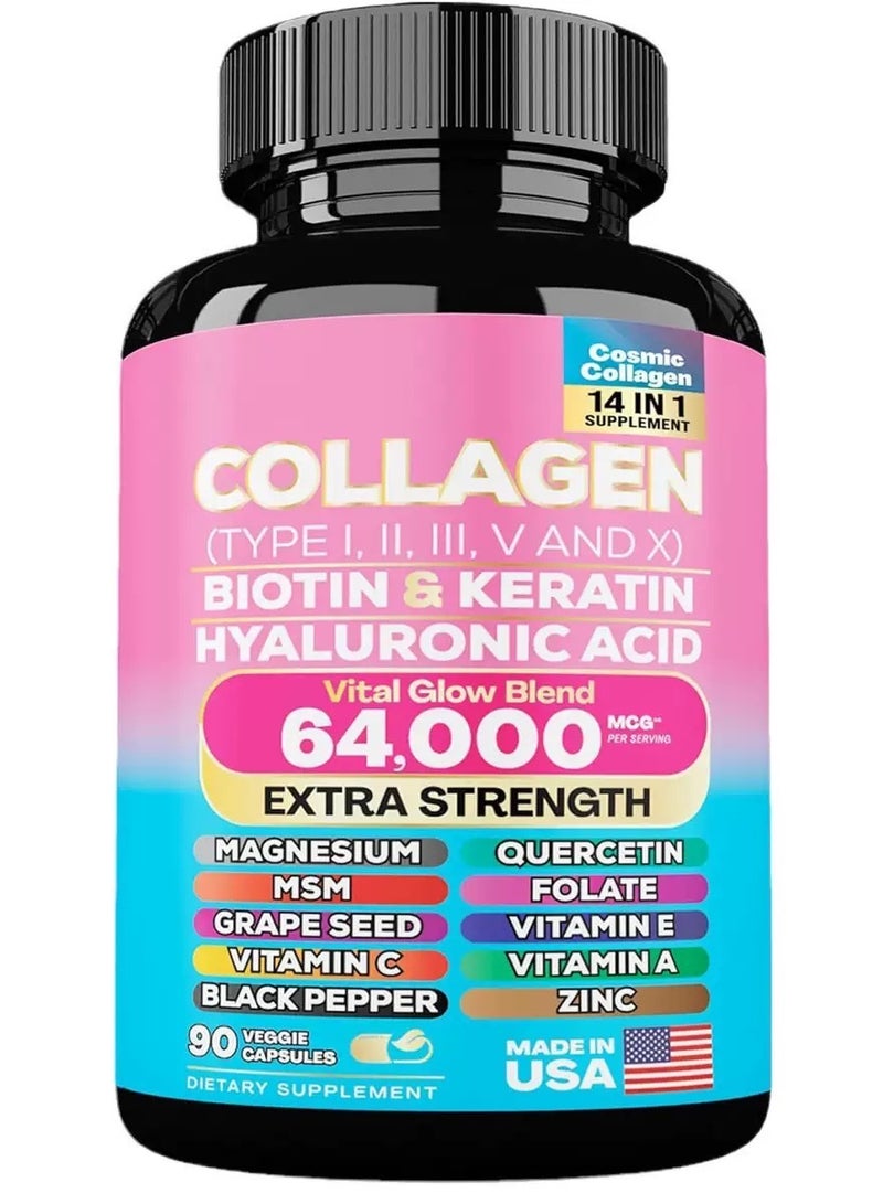 Collagen Collagen Pills Peptides Types I, II, III, V & X MCG Biotin Keratin Hyaluronic Acid MSM Vitamin A Vitamin C Vitamin E Folic Acid Zinc Magnesium with Grape Seed Extract, Quercetin 90 Caps - Image 1