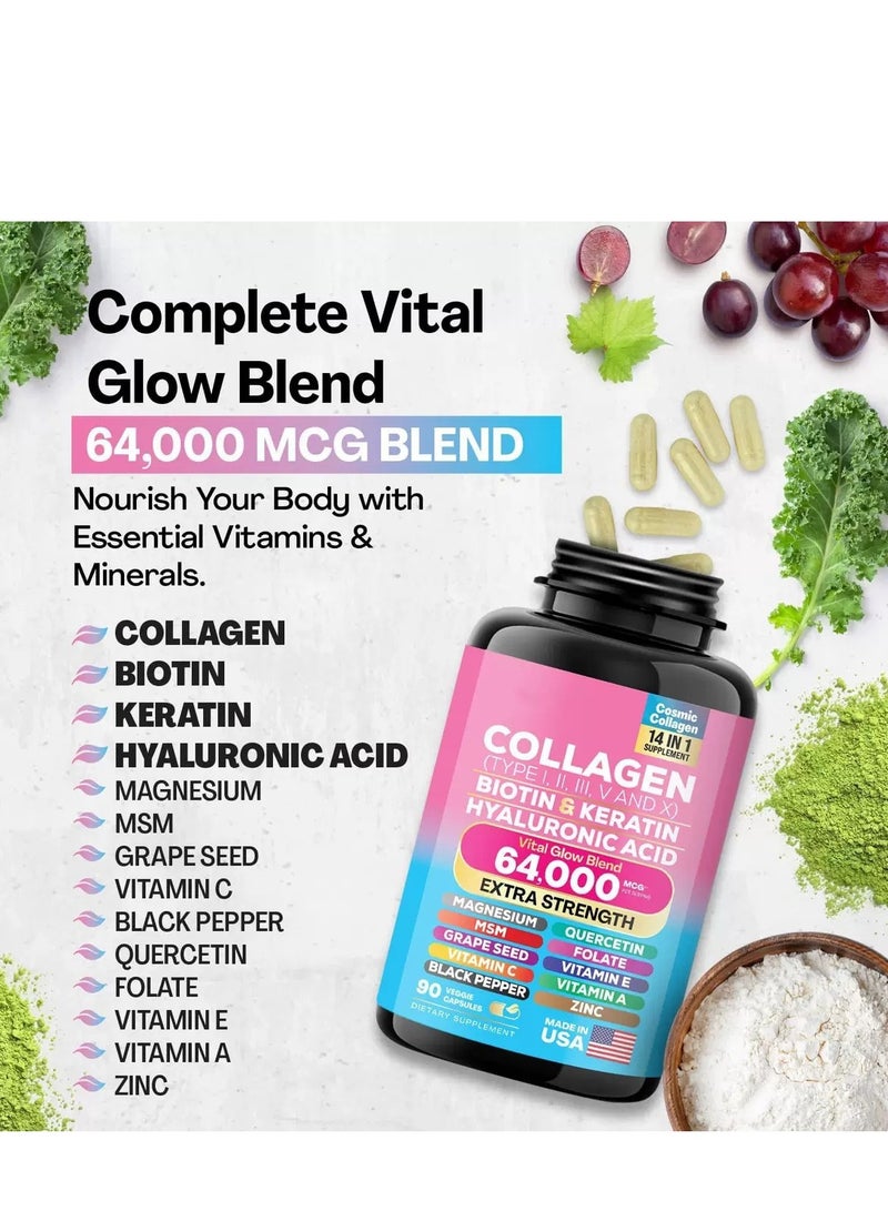 Collagen Collagen Pills Peptides Types I, II, III, V & X MCG Biotin Keratin Hyaluronic Acid MSM Vitamin A Vitamin C Vitamin E Folic Acid Zinc Magnesium with Grape Seed Extract, Quercetin 90 Caps - Image 5