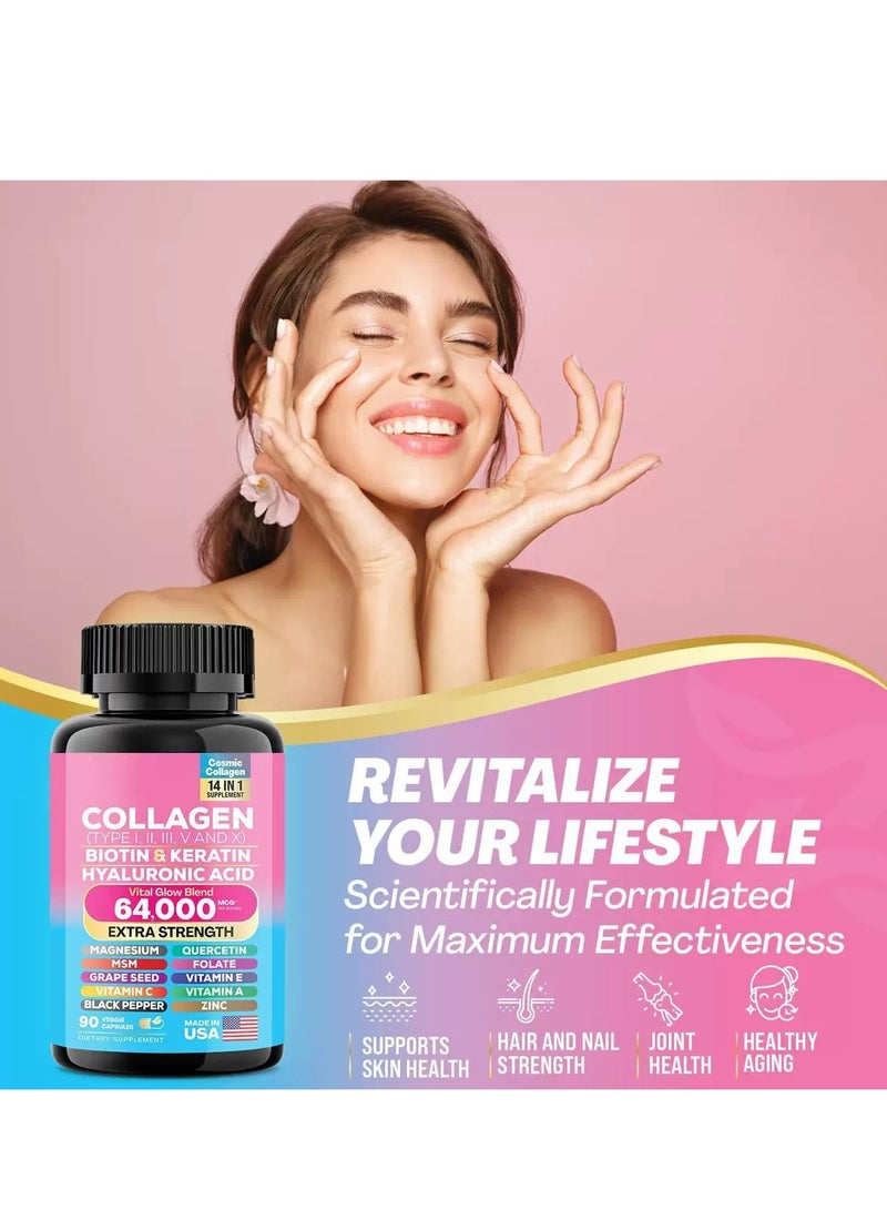 Collagen Collagen Pills Peptides Types I, II, III, V & X MCG Biotin Keratin Hyaluronic Acid MSM Vitamin A Vitamin C Vitamin E Folic Acid Zinc Magnesium with Grape Seed Extract, Quercetin 90 Caps - Image 3