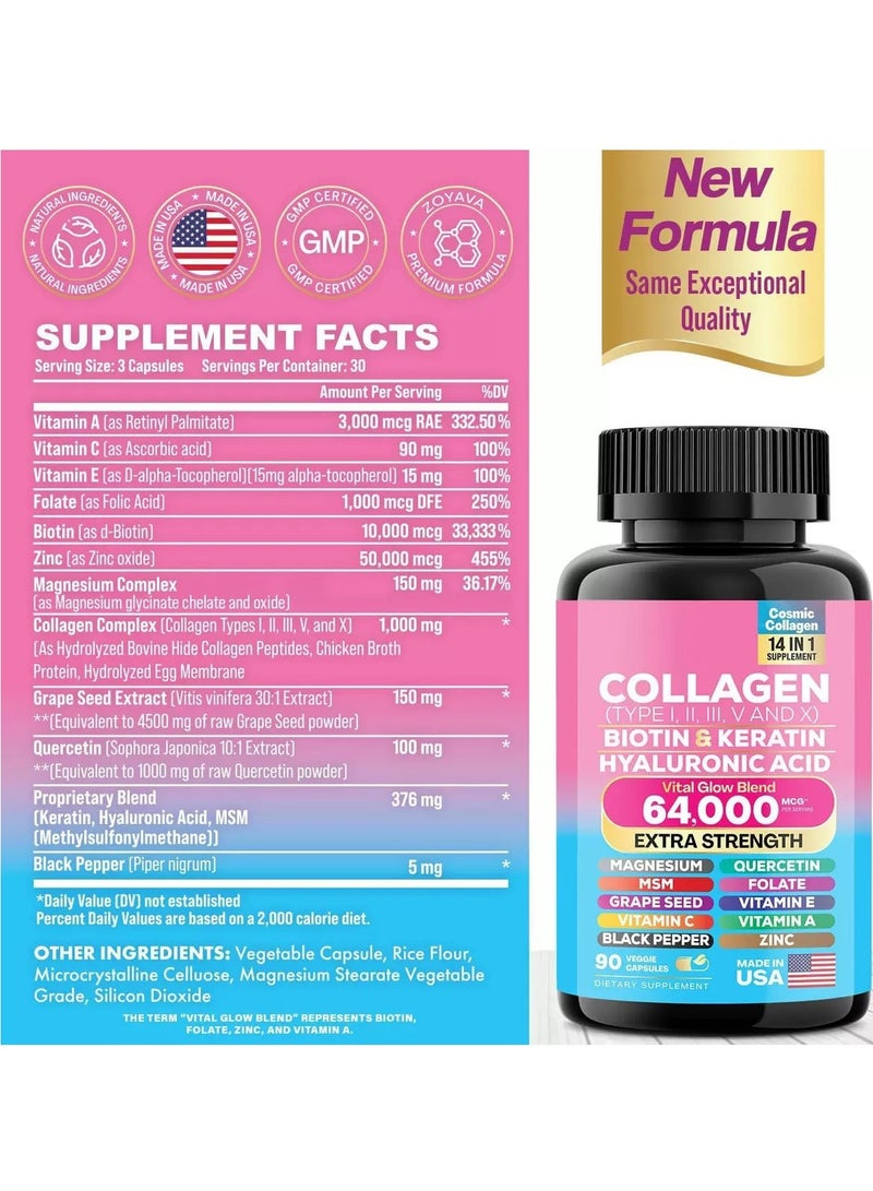Collagen Collagen Pills Peptides Types I, II, III, V & X MCG Biotin Keratin Hyaluronic Acid MSM Vitamin A Vitamin C Vitamin E Folic Acid Zinc Magnesium with Grape Seed Extract, Quercetin 90 Caps - Image 4