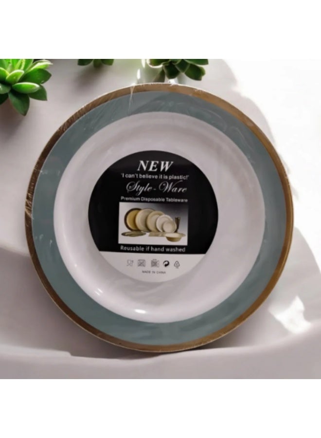 Green Tiger Premium Reusable Plastic Plates with Gold Rim - Light Blue and White