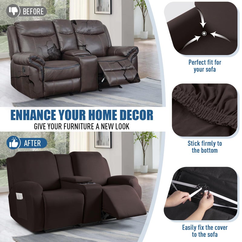 TAOCOCO Reclining Loveseat with Middle Console Slipcover, 4 Piece Polyester Fabric Stretch Loveseat Reclining Sofa Covers (Coffee, 2 Seat Recliner Cover with Console) - Image 5