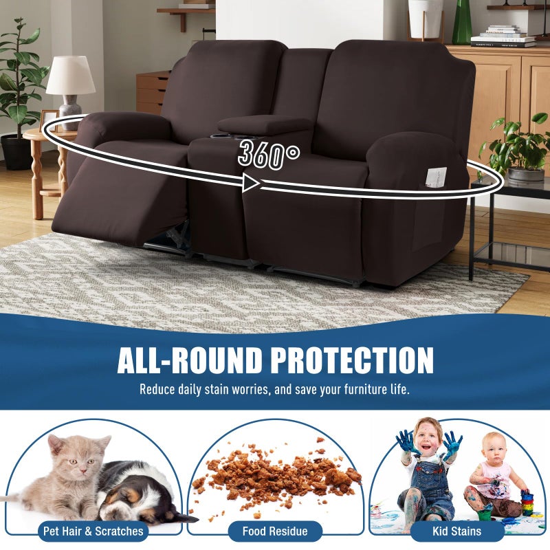 TAOCOCO Reclining Loveseat with Middle Console Slipcover, 4 Piece Polyester Fabric Stretch Loveseat Reclining Sofa Covers (Coffee, 2 Seat Recliner Cover with Console) - Image 4