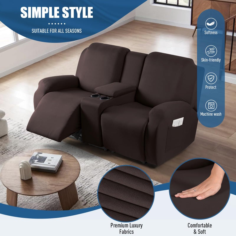 TAOCOCO Reclining Loveseat with Middle Console Slipcover, 4 Piece Polyester Fabric Stretch Loveseat Reclining Sofa Covers (Coffee, 2 Seat Recliner Cover with Console) - Image 2