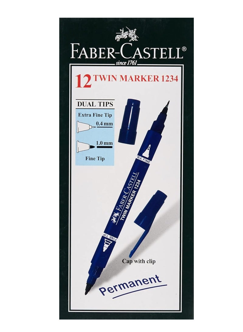 FABER-CASTELL 12-Piece Twin Tip Permanent Marker Blue Ink  - Image 1