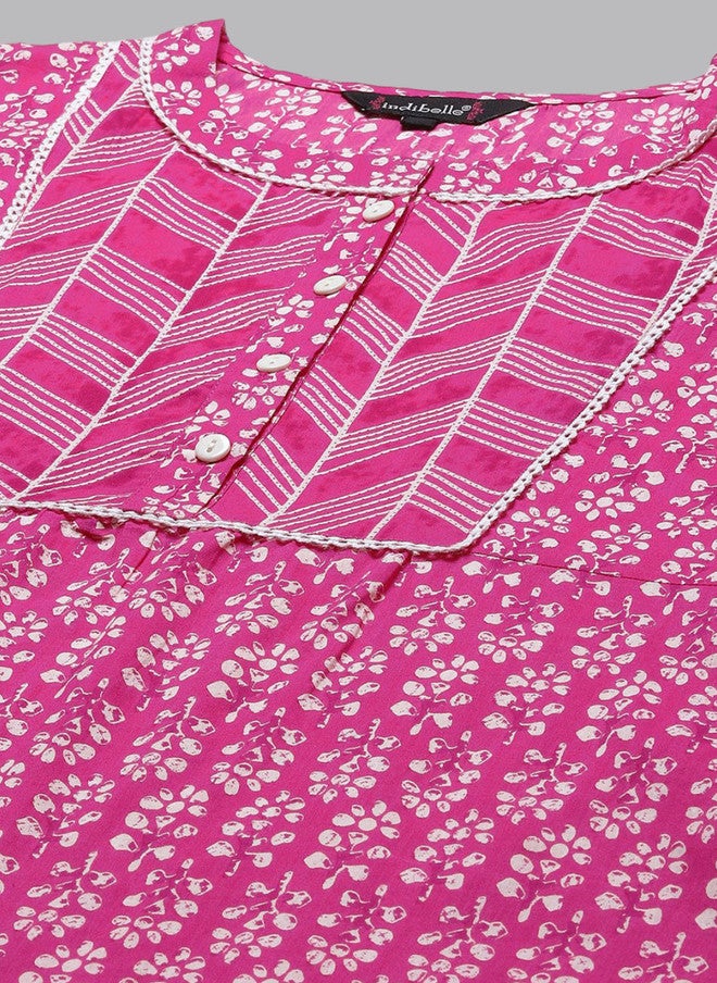 Indibelle Floral Printed Boat Neck Cotton Straight Kurta - Image 2