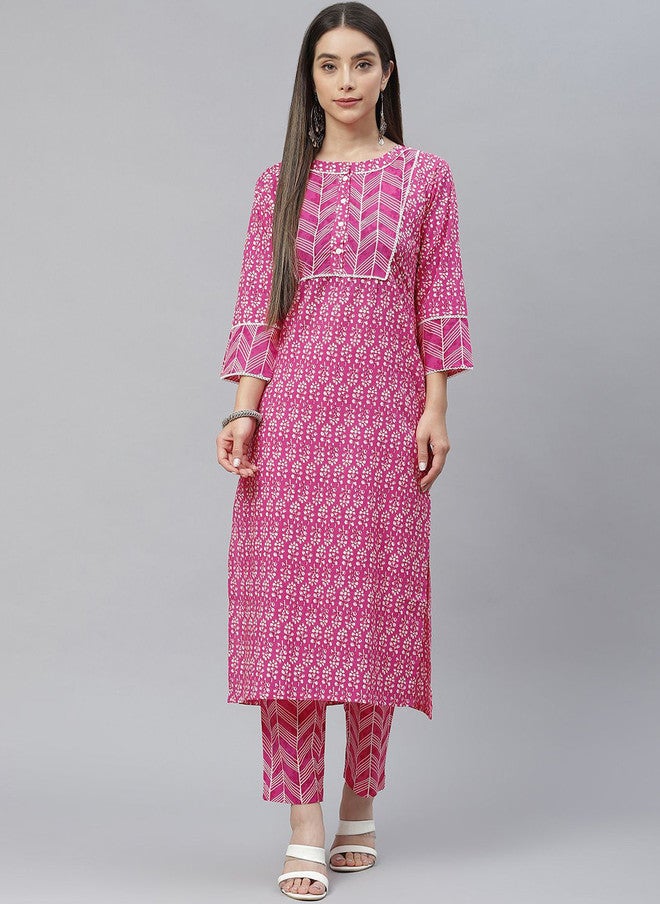 Indibelle Floral Printed Boat Neck Cotton Straight Kurta - Image 1