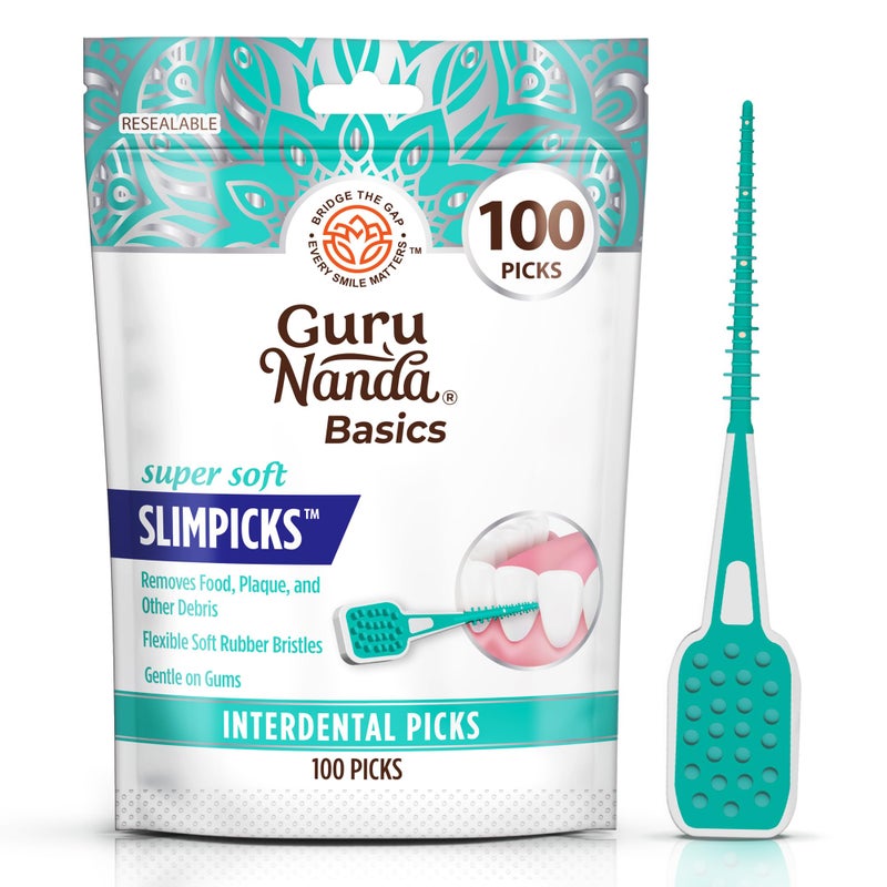 GuruNanda Interdental Picks (Pack of 100), Super Soft & Flexible Rubber Bristles, Dental Floss Picks to Remove Food Debris, Plaque & Go Gentle on Gums - Image 1